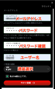 ハントカジノ登録画面