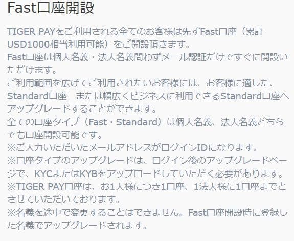 FAST口座開設 タイガーペイ