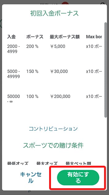 テッドベットカジノの入金ボーナス有効確認画面