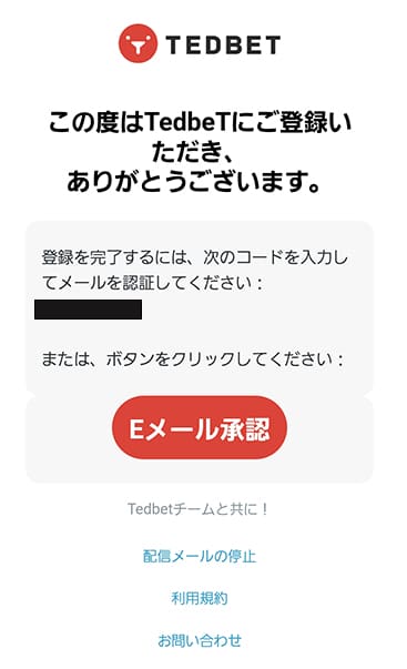 テッドベットカジノのメール認証画面
